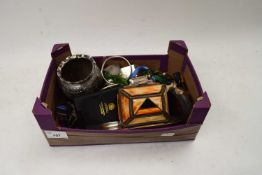 BOX OF MIXED COSTUME JEWELLERY, TABLE LIGHTER, SILVER PLATED WARES ETC