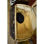 VINTAGE DOME TOP TRUNK CONTAINING BOWLER HAT, GLOVES ETC