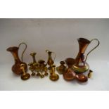 VARIOUS COPPER AND BRASS WARES TO INCLUDE JUGS, CANDLESTICKS, VASES ETC