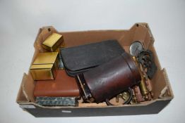 BOX OF MIXED ITEMS TO INCLUDE MODEL CANNON, HARRODS PLAYING CARDS, LEATHER COVERED TANKARD, VANITY