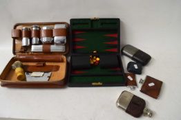 CASED GENTLEMAN'S VANITY SET, SMALL CASED TRAVELLING BACKGAMMON BOARD, VARIOUS SMALL HIP FLASKS,