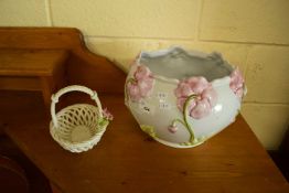 FLORAL GLAZED JARDINIERE AND A FURTHER PORCELAIN BASKET (2)