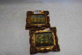 PAIR OF 20TH CENTURY OLEOGRAPH STUDIES OF TALL SHIPS, SET IN GILT FRAMES