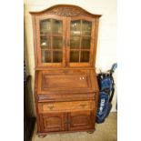 REPRODUCTION OAK BUREAU BOOKCASE CABINET WITH GLAZED TOP SECTION, 92CM WIDE