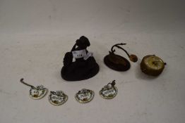 FOUR COALPORT DECANTER LABELS, BRONZED RESIN MODEL OF A DOG, SMALL BEDSIDE CLOCK AND A COUNTRY