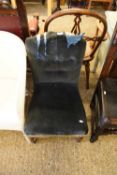 LATE 19TH CENTURY BLUE VELOUR UPHOLSTERED SIDE CHAIR ON TURNED LEGS (A/F)