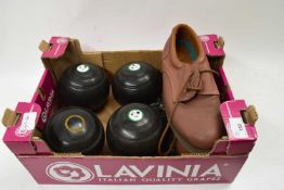 BOX OF LAWN BOWLS AND SHOES