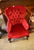 RED UPHOLSTERED CABRIOLE LEGGED CHAIR