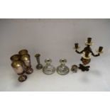 SILVER PLATED GOBLETS, CANDLESTICKS, PORCELAIN MOUNTED CANDELABRA ETC