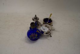 SILVER PLATED CRUET AND A BLUE GLASS SCENT BOTTLE