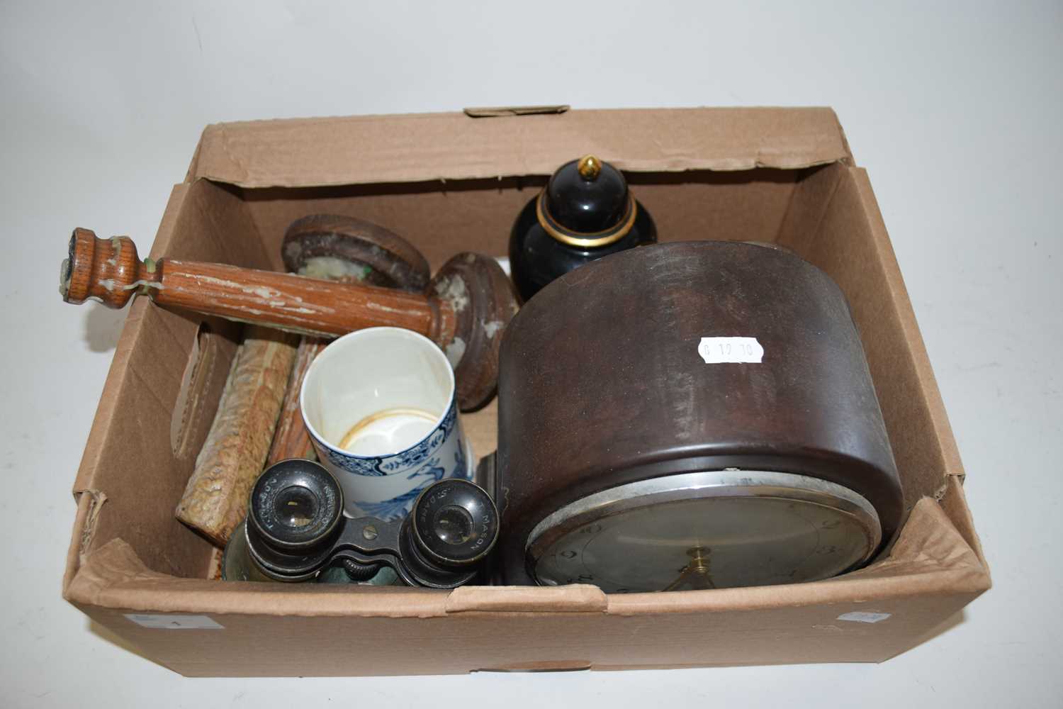 BOX OF MIXED ITEMS - DOME TOP MANTEL CLOCK, CANDLESTICKS, BINOCULARS ETC