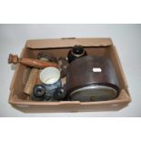 BOX OF MIXED ITEMS - DOME TOP MANTEL CLOCK, CANDLESTICKS, BINOCULARS ETC