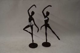 PAIR OF CONTEMPORARY BRONZE MODELS OF BALLERINAS, UNSIGNED, 35CM HIGH