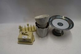 VARIOUS POTTERY JELLY MOULDS, LURPAK BUTTER DISH AND TOAST RACK AND A VICTORIAN TAZZA