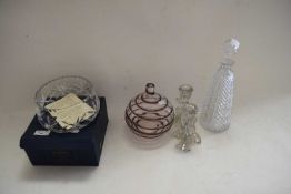 ART GLASS VASE WITH SWIRL DECORATION, VARIOUS CANDLESTICKS, BOXED BOHEMIAN GLASS BOWLS AND A