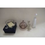ART GLASS VASE WITH SWIRL DECORATION, VARIOUS CANDLESTICKS, BOXED BOHEMIAN GLASS BOWLS AND A