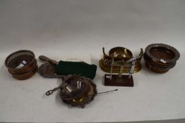 VARIOUS SILVER PLATED BOTTLE STANDS, MINIATURE BRASS TRIVET, CORKSCREW STAND AND OTHER ITEMS