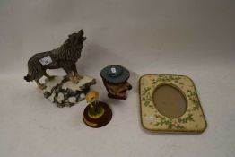 RESIN MODEL OF A WOLF, CAST IRON FIGURAL COVERED JAR, PICTURE FRAME AND A MODEL OWL