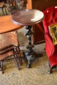 CAST IRON BASED PLANT STAND OR PUB TABLE WITH WOODEN TOP, 38CM DIAM