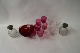 BRASS WARES TO INCLUDE CRANBERRY GLASS WINES, DRESSING TABLE BOTTLES, MURANO GLASS ASHTRAY ETC