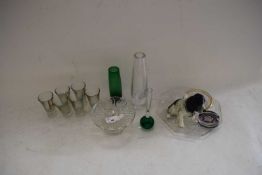 VARIOUS GLASS VASES, SHOT GLASSES, POTTERY DOG AND OTHER ITEMS