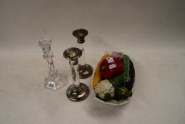 CERAMIC BOWL OF FRUIT, ROYAL DOULTON GLASS CANDLESTICK AND A FURTHER PAIR OF SILVER PLATE MOUNTED