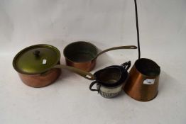 VINTAGE COPPER SAUCEPAN, CIDER MEASURE AND SILVER PLATED SUGAR BASIN AND MILK JUG (5)