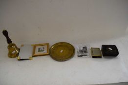 BRASS BELL, VARIOUS SMALL PICTURE FRAMES, ORIENTAL STYLE TRINKET BOX