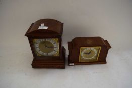 TWO MANTEL CLOCKS, CASED CUTLERY AND A FURTHER WOODEN BOX (4)