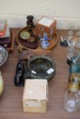 MIXED LOT - GREEN GLASS VASE, VARIOUS WOODEN WARES, COW CREAMER ETC