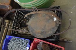 MIXED LOT : IRON POT HANGER, IRON GRIDDLE AND QUANTITY OF SASH WINDOW WEIGHTS