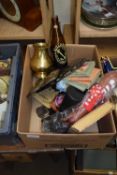 BOX OF MIXED WARES TO INCLUDE BINOCULARS, BOTTLE OF BULLARDS BEER, BRASS VASE, WORLD STAMPS ETC