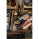 BOX OF MIXED WARES TO INCLUDE BINOCULARS, BOTTLE OF BULLARDS BEER, BRASS VASE, WORLD STAMPS ETC