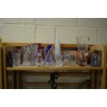 MIXED LOT OF GLASS VASES, ORNAMENTS ETC