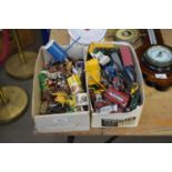 TWO BOXES MIXED TOY VEHICLES, PLASTIC FARM ANIMALS ETC