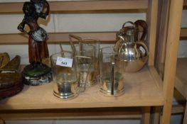 MIXED LOT - SET OF GLASS CUPS IN SILVER PLATED MOUNTS, CHANNEL ISLANDS STYLE SILVER PLATED JUG