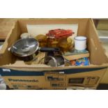 LARGE BOX OF VARIOUS HOUSE CLEARANCE ITEMS, KITCHEN WARES, CHILDREN'S BOOKS ETC