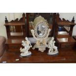 RESIN FRAMED DRESSING TABLE MIRROR WITH CHERUB MOUNTS PLUS TWO FURTHER RESIN ORNAMENTS (3)