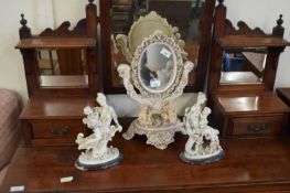 RESIN FRAMED DRESSING TABLE MIRROR WITH CHERUB MOUNTS PLUS TWO FURTHER RESIN ORNAMENTS (3)