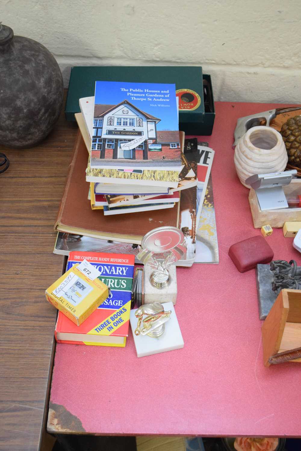 MIXED LOT VARIOUS BOOKS TO INCLUDE SOME LOCAL INTEREST PLUS MODERN TROPHIES AND A BOX OF CARPET