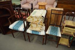 MIXED LOT PAIR OF DINING CHAIRS, FURTHER BEDROOM CHAIR AND A WICKER SHELF UNIT (4)