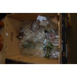 BOX OF MIXED DRINKING GLASSES, DECANTERS ETC