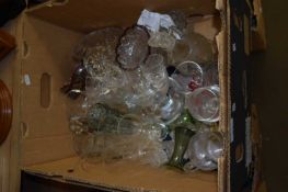 BOX OF MIXED DRINKING GLASSES, DECANTERS ETC