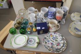 MIXED LOT VARIOUS MUGS, GLASS WARES, THREE TIER CAKE STAND ETC