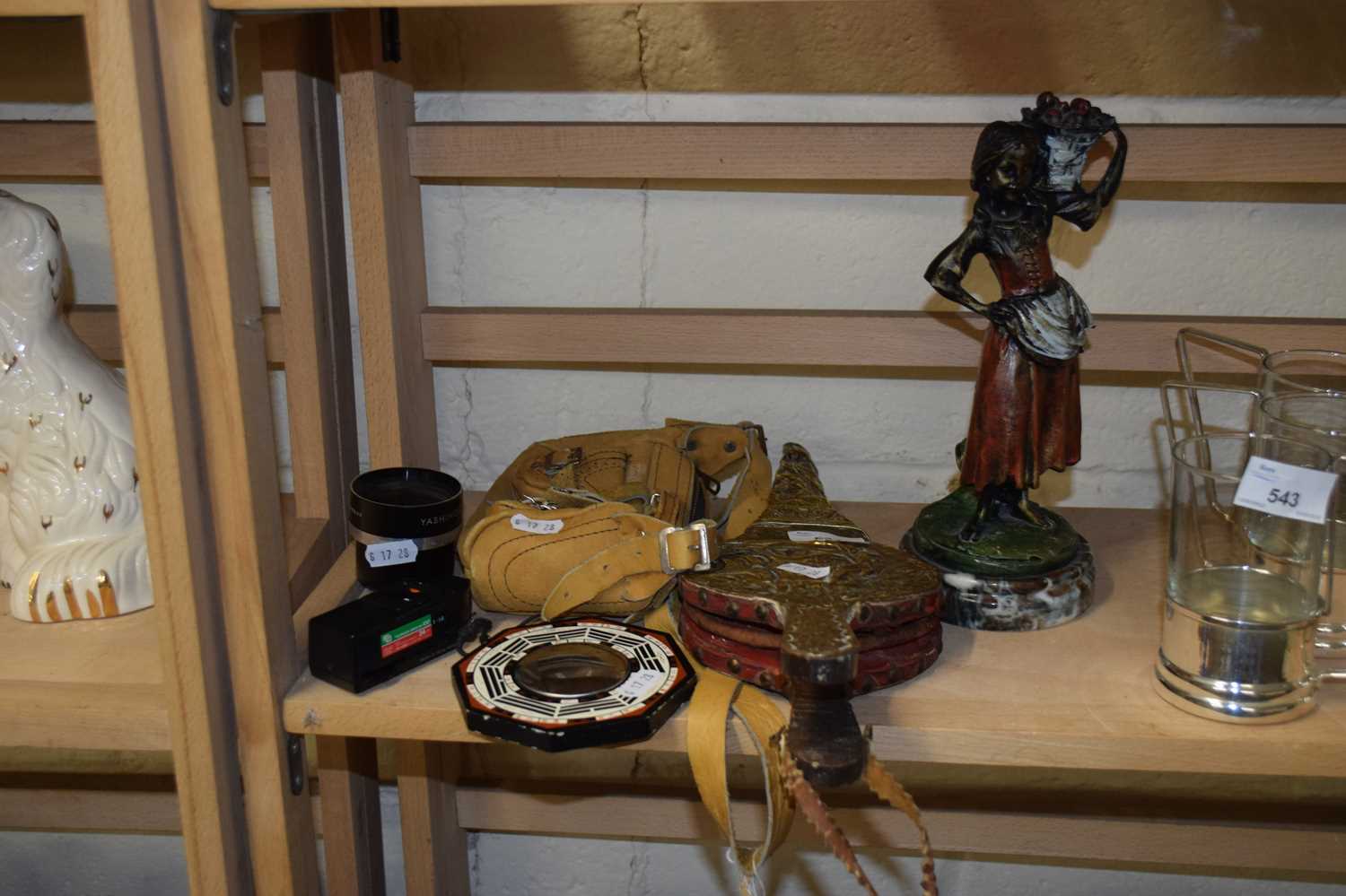 MIXED LOT OF SMALL FIGURINE ON TURNED MARBLE BASE, BRASS MOUNTED FIRE BELLOWS, CAMERA LENSES,