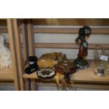 MIXED LOT OF SMALL FIGURINE ON TURNED MARBLE BASE, BRASS MOUNTED FIRE BELLOWS, CAMERA LENSES,