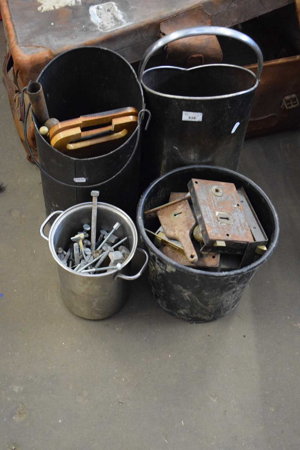 MIXED LOT : TWO METAL COAL HODS, VARIOUS DOOR LOCKS AND OTHER ITEMS