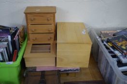 MIXED LOT SMALL PINE TABLE TOP CHEST PLUS THREE OTHER SMALL CABINETS AND A PHOTOGRAPH ALBUM