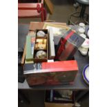 MIXED LOT VARIOUS BOXED CUTLERY, PAIR OF SMALL OIL PAINTINGS, LEATHER SATCHEL, BOXED CHOPSTICK