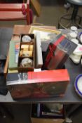 MIXED LOT VARIOUS BOXED CUTLERY, PAIR OF SMALL OIL PAINTINGS, LEATHER SATCHEL, BOXED CHOPSTICK